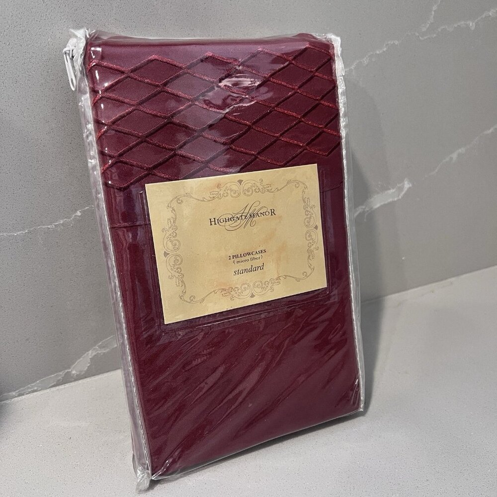 NWT Highgate Manor Set 2 King Pillowcases MicroFiber Burgundy Diamond Collection